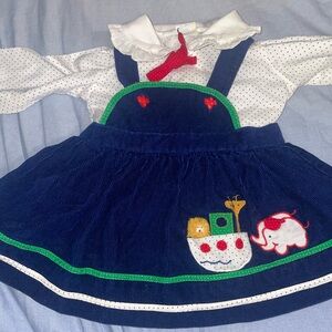vintage navy blue corduroy jumper dress and white polka dot collared blouse set